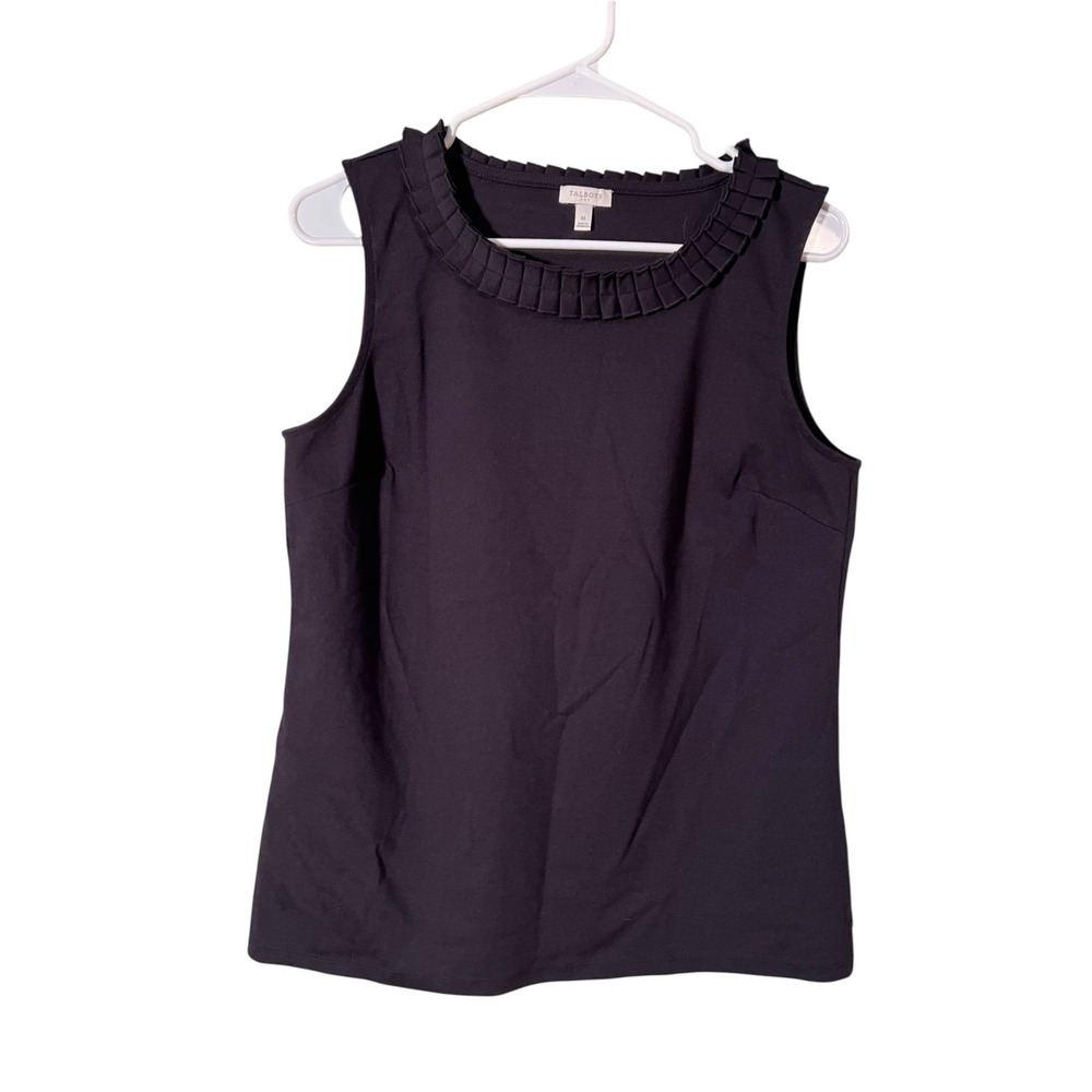 Talbots Women's Size Medium Sleeveless Shell Top Black Ruffle Crew Neck Stretch